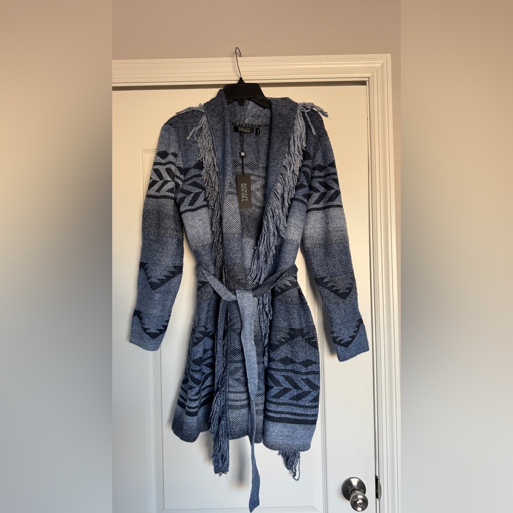 Badgley Mischka blue and black jacquard knit shawl belted fringe long cardigan - Picture 4 of 7
